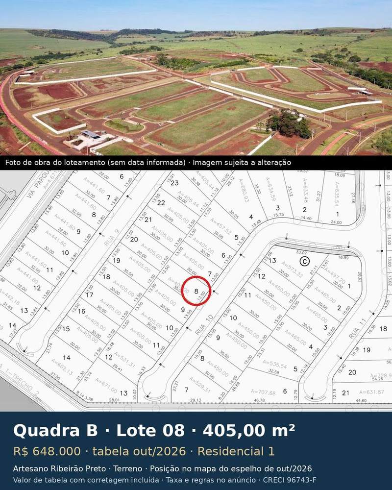 Terreno 405,00 m² no Artesano Ribeirão Preto | Quadra B, Lote 08 | Residencial 1