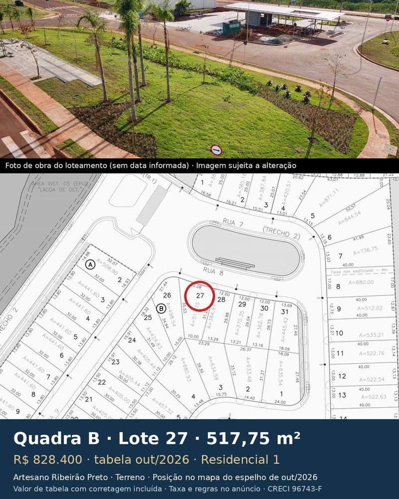 Terreno 517,75 m² no Artesano Ribeirão Preto | Quadra B, Lote 27 | Residencial 1 — foto 1