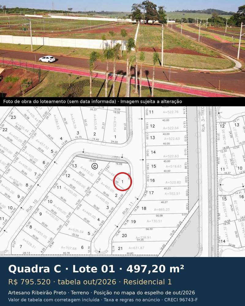 Terreno 497,20 m² no Artesano Ribeirão Preto | Quadra C, Lote 01 | Residencial 1