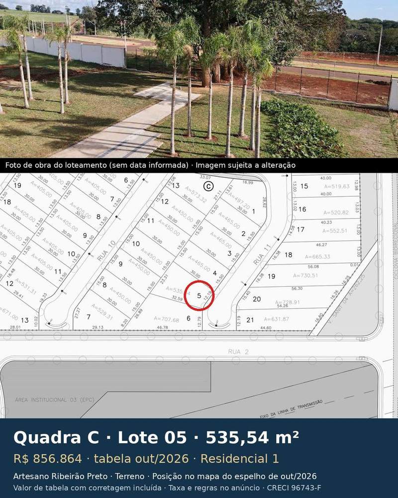Terreno 535,54 m² no Artesano Ribeirão Preto | Quadra C, Lote 05 | Residencial 1 — foto 1