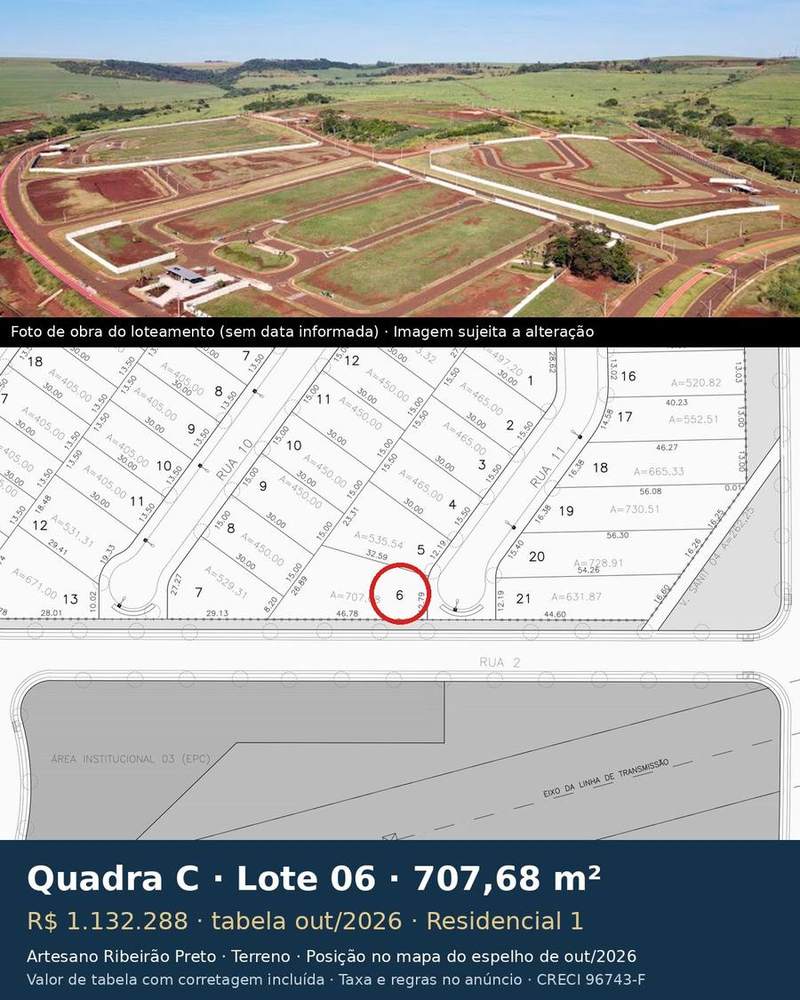 Terreno 707,68 m² no Artesano Ribeirão Preto | Quadra C, Lote 06 | Residencial 1