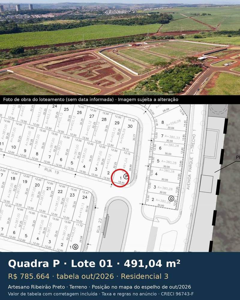 Terreno 491,04 m² no Artesano Ribeirão Preto | Quadra P, Lote 01 | Residencial 3