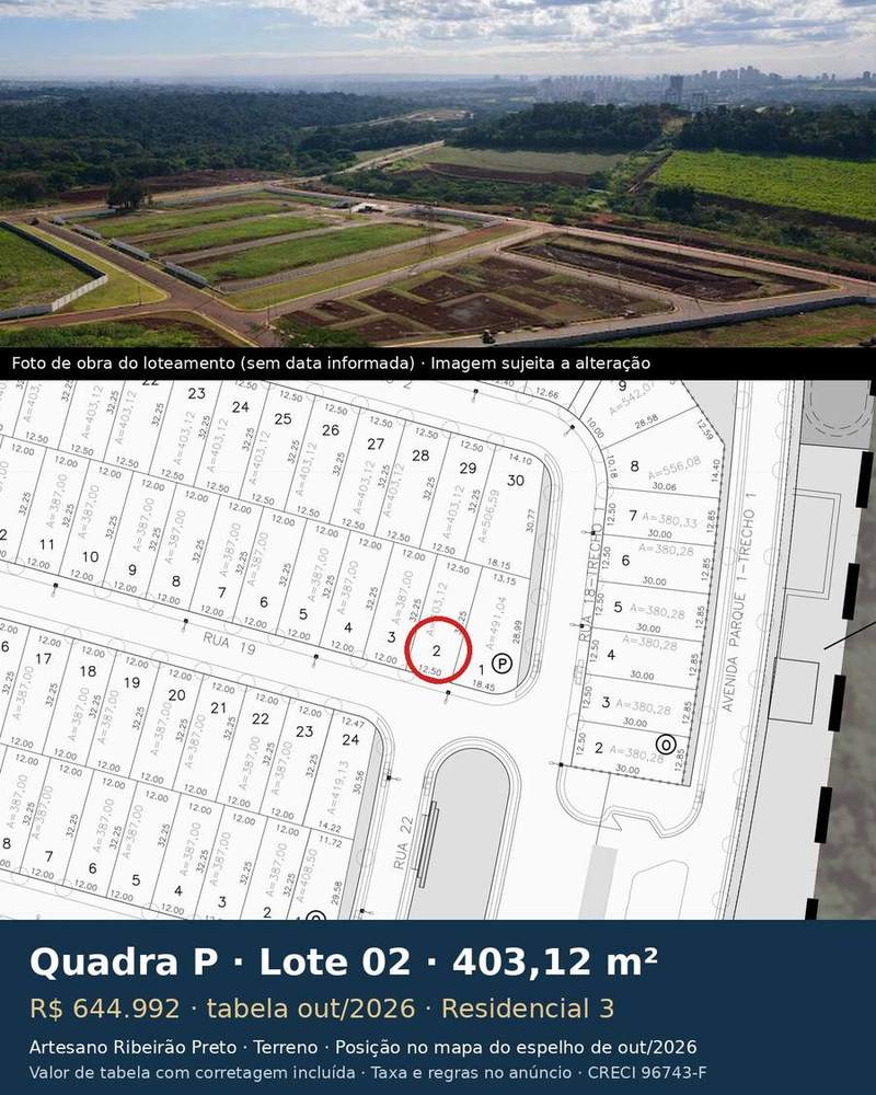 Terreno 403,12 m² no Artesano Ribeirão Preto | Quadra P, Lote 02 | Residencial 3 — foto 1