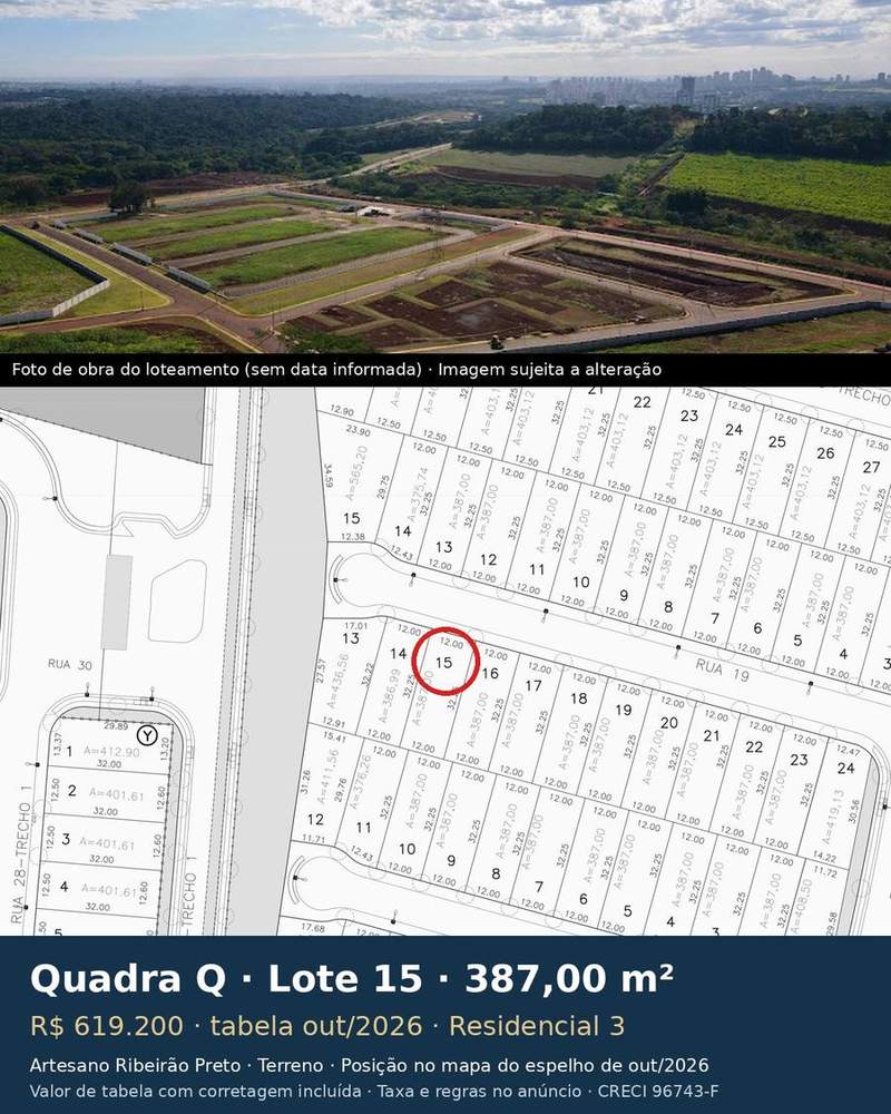 Terreno 387,00 m² no Artesano Ribeirão Preto | Quadra Q, Lote 15 | Residencial 3