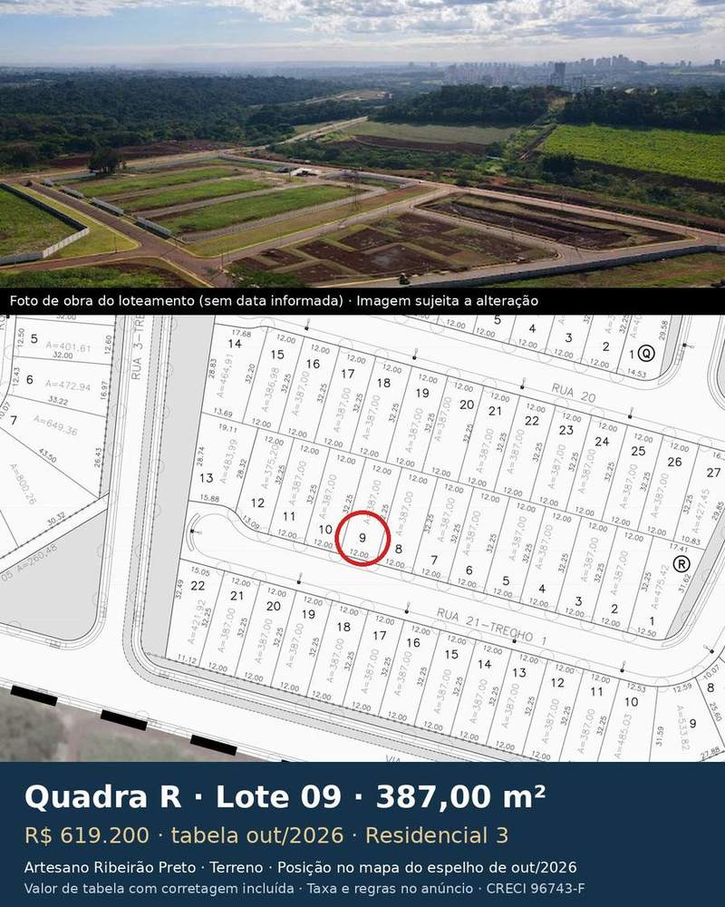Terreno 387,00 m² no Artesano Ribeirão Preto | Quadra R, Lote 09 | Residencial 3