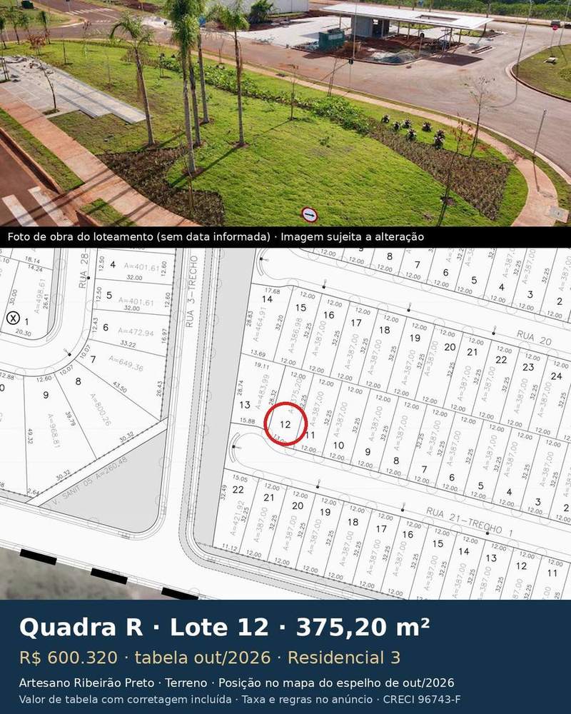 Terreno 375,20 m² no Artesano Ribeirão Preto | Quadra R, Lote 12 | Residencial 3