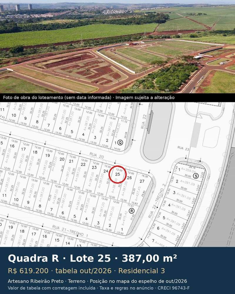 Terreno 387,00 m² no Artesano Ribeirão Preto | Quadra R, Lote 25 | Residencial 3