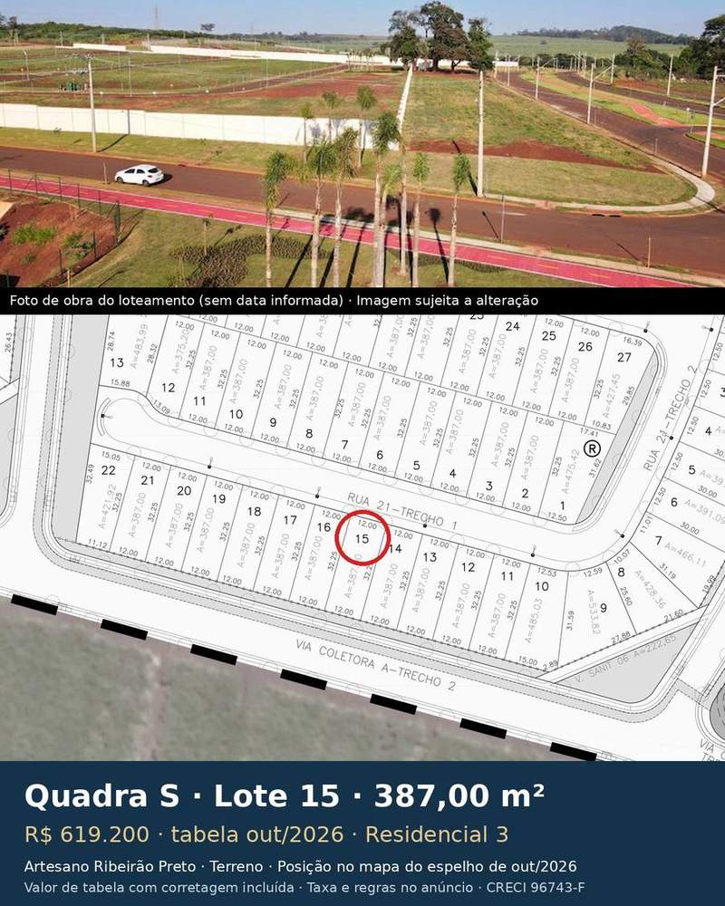 Terreno 387,00 m² no Artesano Ribeirão Preto | Quadra S, Lote 15 | Residencial 3 — foto 1