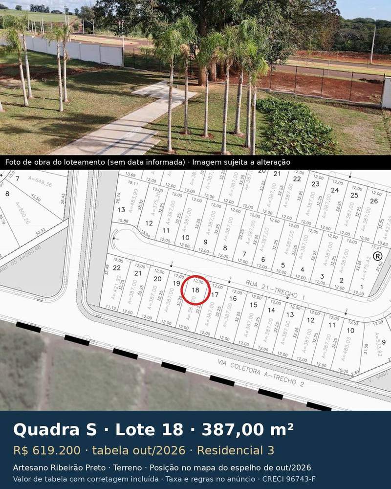 Terreno 387,00 m² no Artesano Ribeirão Preto | Quadra S, Lote 18 | Residencial 3 — foto 1
