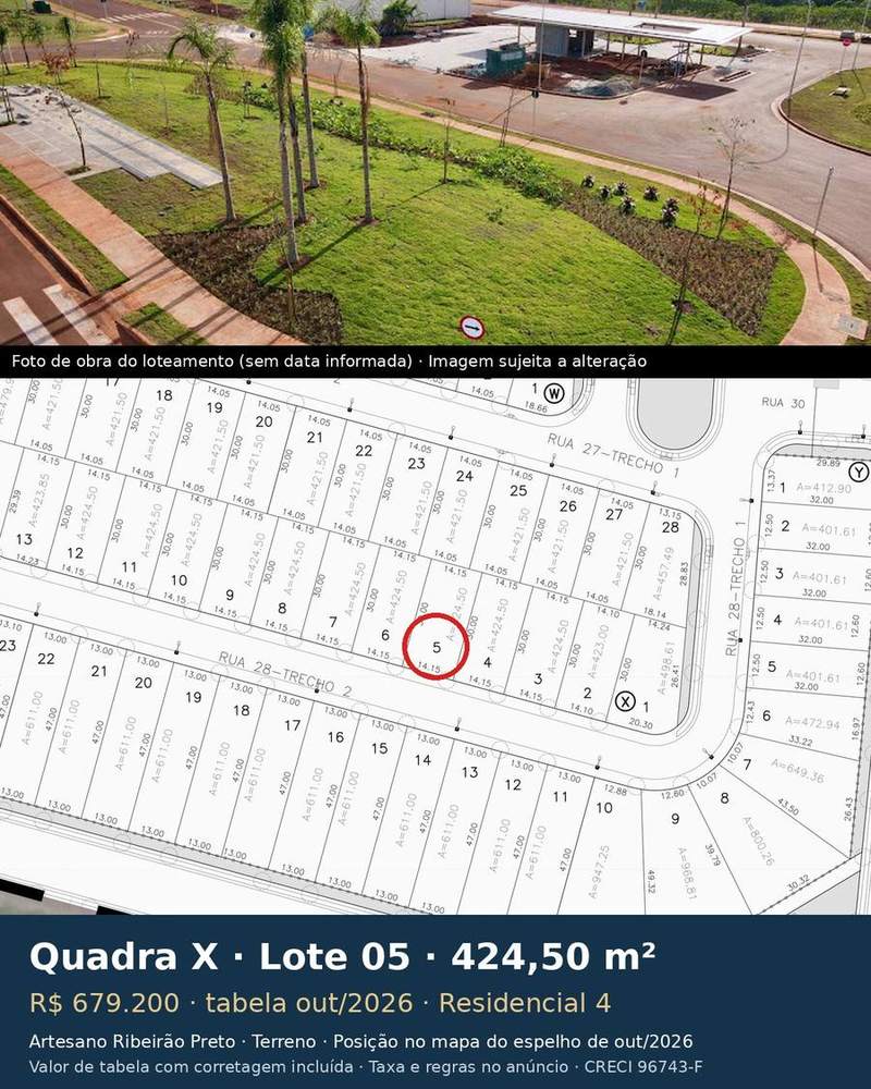 Terreno 424,50 m² no Artesano Ribeirão Preto | Quadra X, Lote 05 | Residencial 4