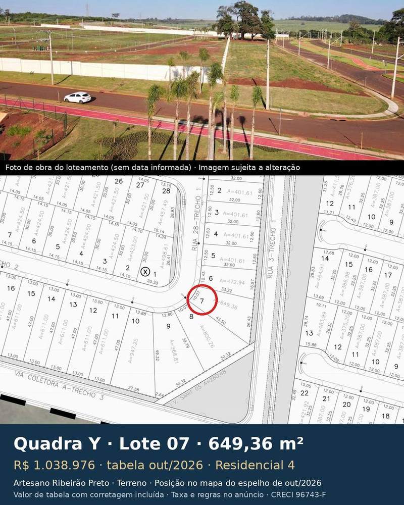 Terreno 649,36 m² no Artesano Ribeirão Preto | Quadra Y, Lote 07 | Residencial 4
