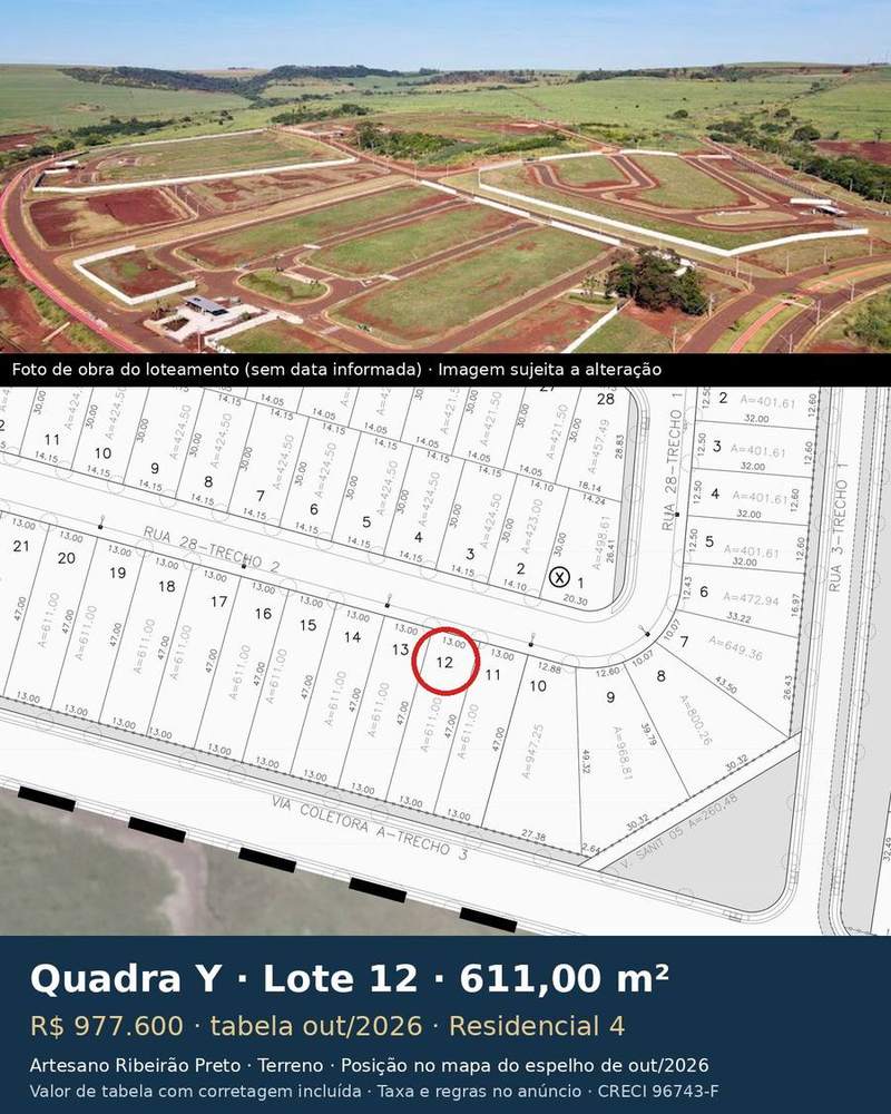 Terreno 611,00 m² no Artesano Ribeirão Preto | Quadra Y, Lote 12 | Residencial 4 — foto 1