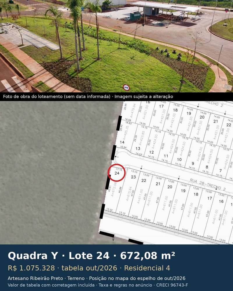 Terreno 672,08 m² no Artesano Ribeirão Preto | Quadra Y, Lote 24 | Residencial 4