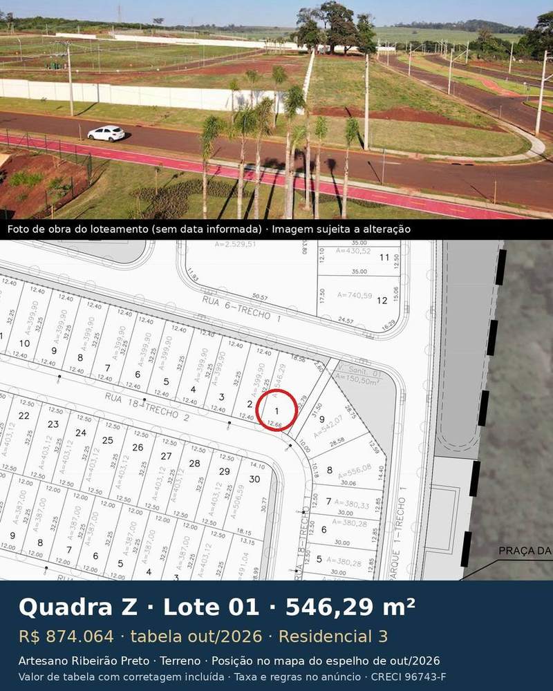 Terreno 546,29 m² no Artesano Ribeirão Preto | Quadra Z, Lote 01 | Residencial 3