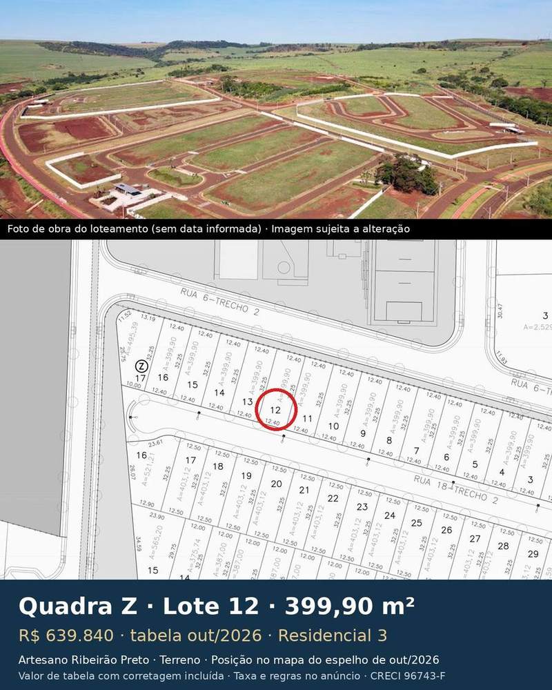 Terreno 399,90 m² no Artesano Ribeirão Preto | Quadra Z, Lote 12 | Residencial 3 — foto 1