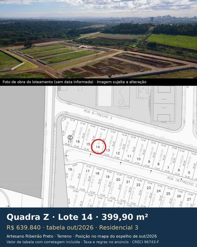 Terreno 399,90 m² no Artesano Ribeirão Preto | Quadra Z, Lote 14 | Residencial 3